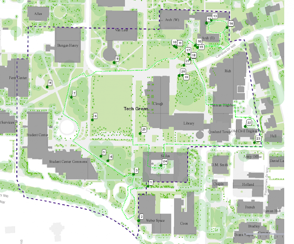 Fig 2 - The Campus Arboretum Weekly Data Collection is Based Partially Around the Numbered Trees Above.