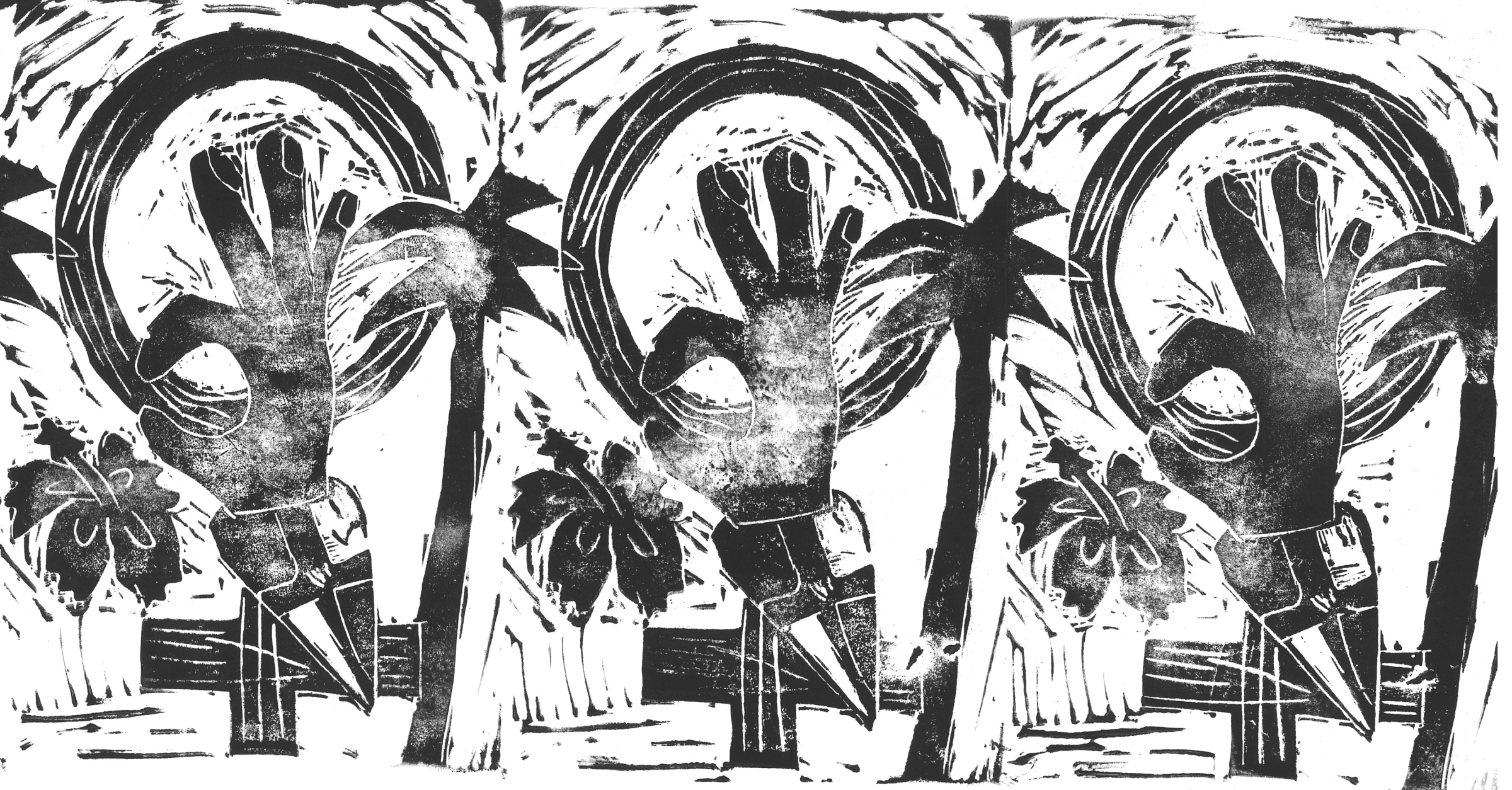 “Tropical Feminism” by Alexandra Rodriguez Dalmau is a block print art piece that represents Dominican feminists ongoing fight to include the “3 causales” or three circumstances in which they believe abortion should be decriminalized. 
